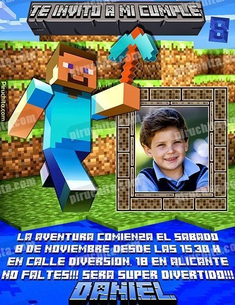 datos vendaje granizo Invitación cumpleaños Minecraft #01 con Foto | Digital Imprimible Piruchita