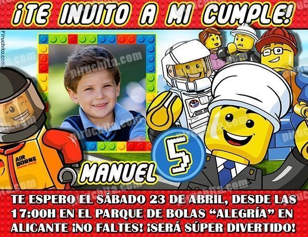 comercio Reina desconectado Invitación cumpleaños Lego #02 con Foto | Digital Imprimible Piruchita