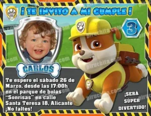 Invitación cumpleaños La Patrulla Canina-Rubble con Foto | Digital Imprimible