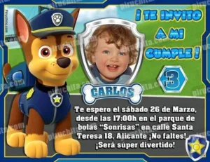 Invitación cumpleaños La Patrulla Canina-Chase con Foto | Digital Imprimible