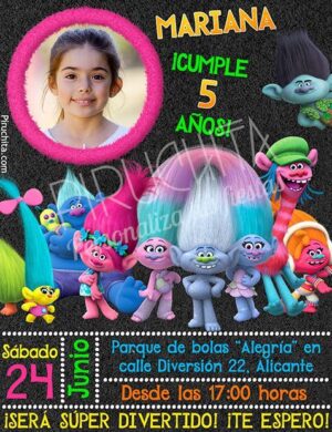 Invitación cumpleaños Trolls #02 con Foto | Digital Imprimible