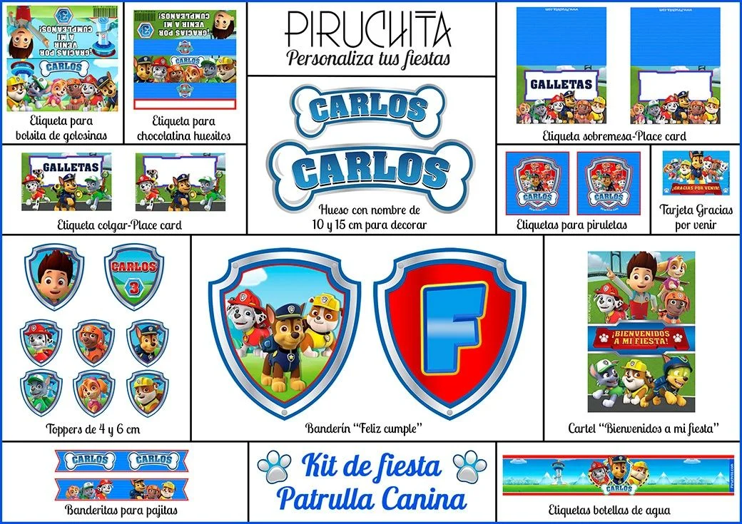 Decoración fiesta de cumpleaños La Patrulla Canina para imprimir Piruchita