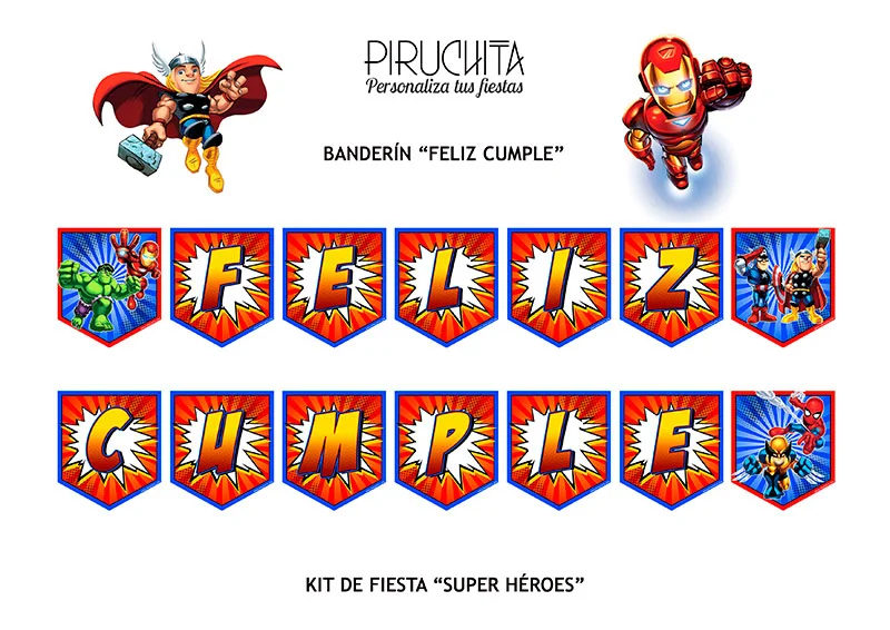  Decoración fiesta de cumpleaños Súper Héroes Squad para imprimir Piruchita