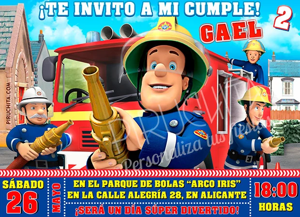 Invitación cumpleaños Sam el Bombero #01 | Digital Imprimible Piruchita