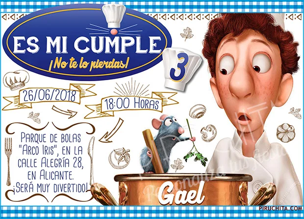 Invitación cumpleaños Ratatouille #02 | Digital Imprimible