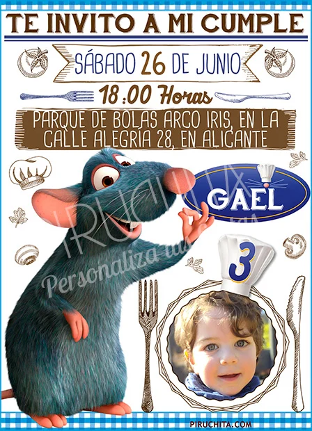 Invitación cumpleaños Ratatouille #04 con Foto | Digital Imprimible