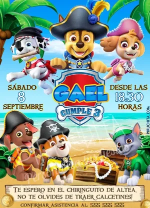 Invitación cumpleaños La Patrulla Canina Piratas #01 | Digital Imprimible