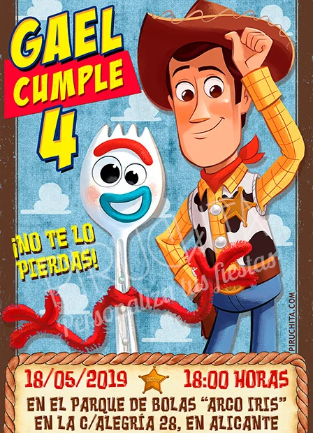 Invitación cumpleaños Woody y Forky, Toy Story