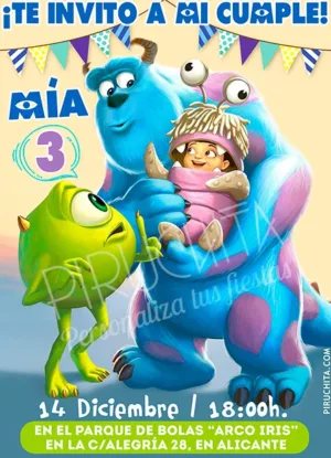 Invitación de Cumpleaños de Sulley, Mike y Boo de Monstruos S.A.