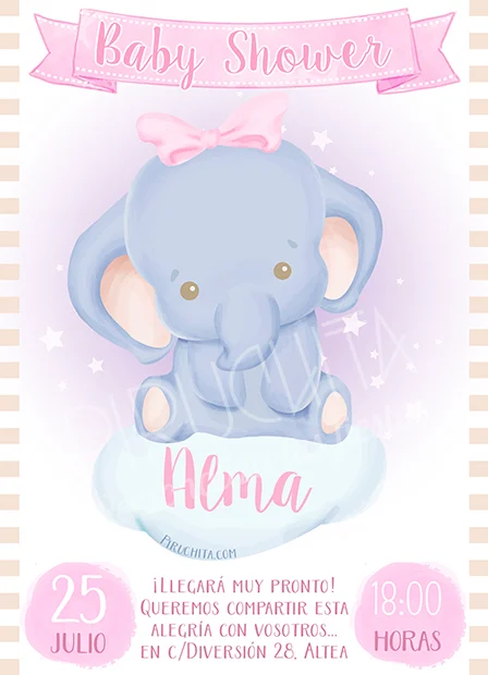 Invitación Baby Shower de Niña - Elefanta