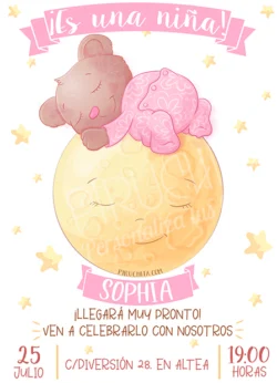 Invitación Baby Shower de Niña - Osita y Luna