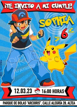 Invitación de cumpleaños de Pokemon - Ash y Pikachu