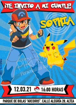 Invitación de cumpleaños de Pokemon - Ash y Pikachu