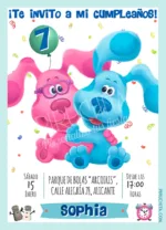 Invitación cumpleaños de las Pistas de Blue y Magenta (Blue´s Clues)