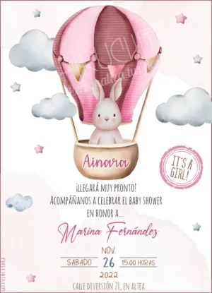 Invitación Baby Shower coneja en globo aerostático