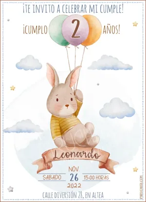 Invitación de cumpleaños de conejo con globos